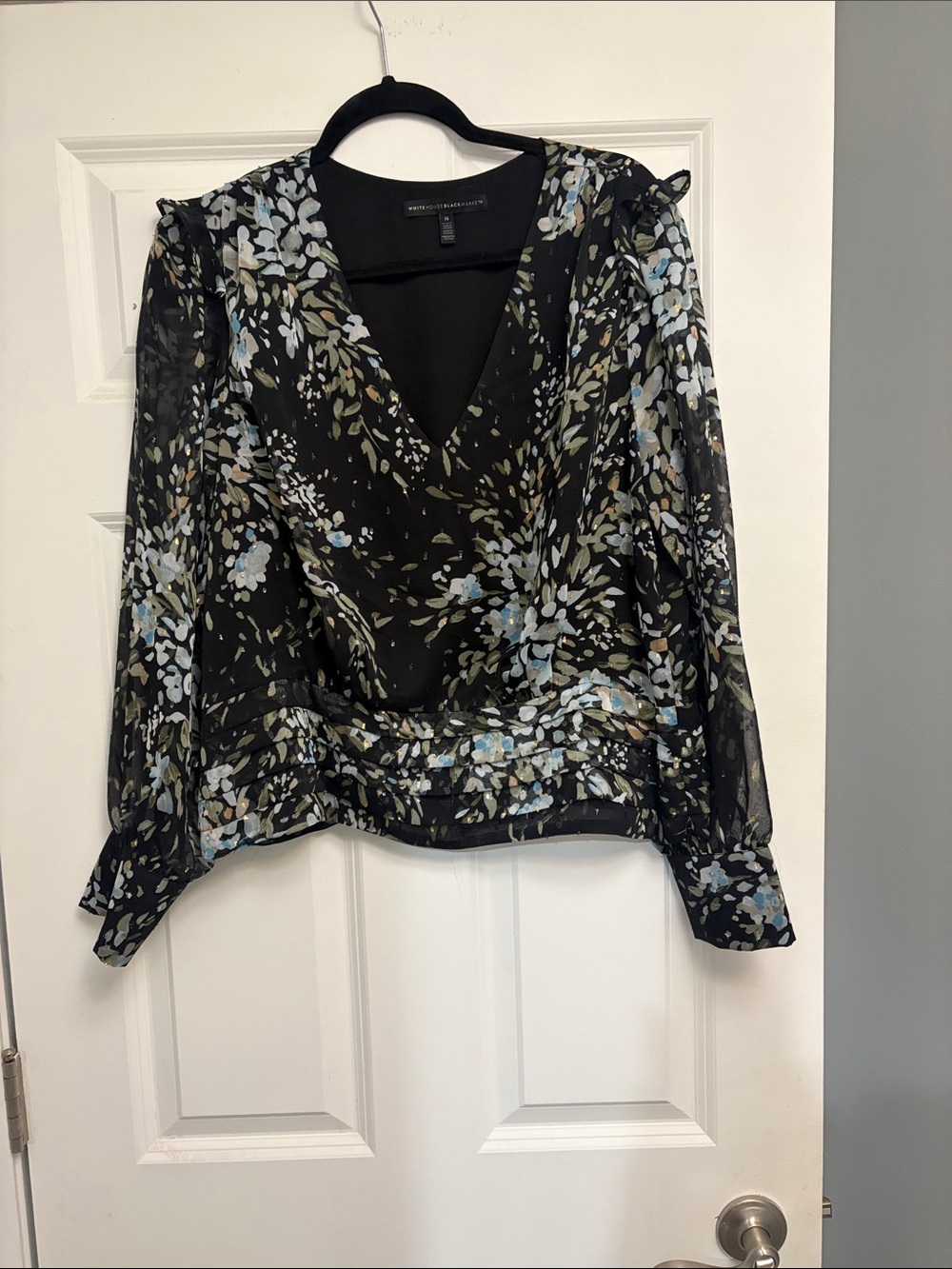 Worthington Black Floral V-Neck Sheer Long-Sleeve Blouse